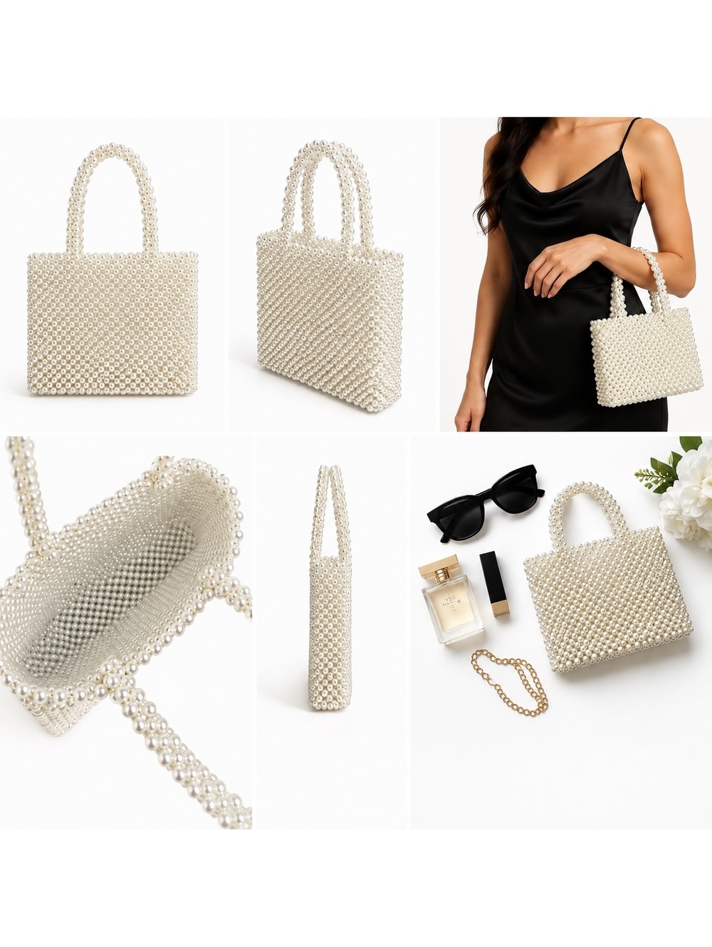 Vintage Pearl Beaded Mini Tote Bag White Bridal Evening Purse Coquette Y2K